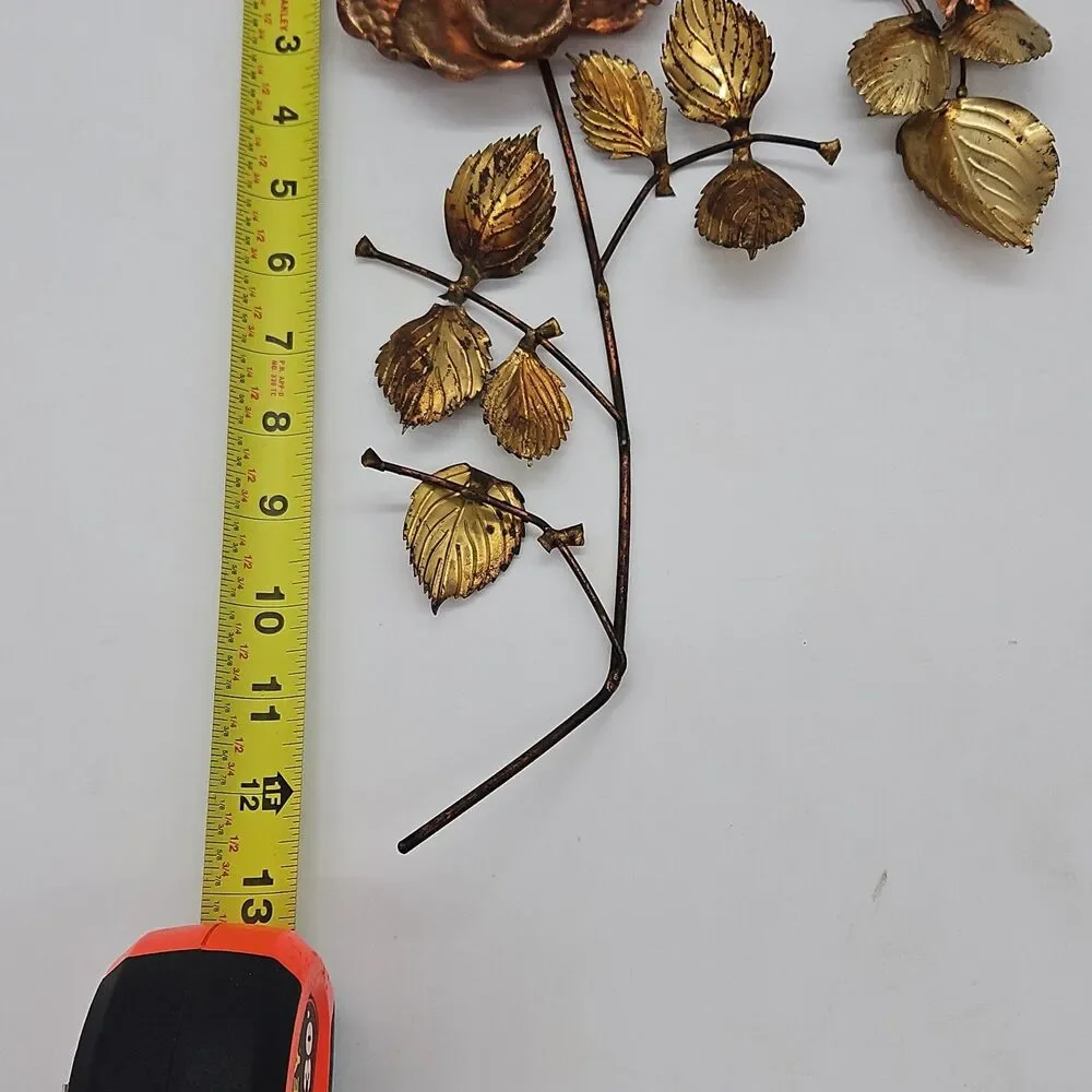 Gold Tone Brass & Copper Flower Roses Leaf Metal Wall Hanging Decor Set